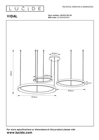 Lucide Lucide VIDAL - Hanglamp - Ø 78 cm - LED Dimb. - 1x120W 2700K - Zwart Lucide Lucide VIDAL - Hanglamp - Ø 78 cm - LED Dimb. - 1x120W 2700K - Zwart