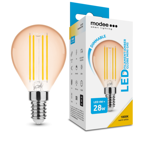 Modee LED Filament lamp - Dimbaar - E14 fitting - G45 - 4W vervangt 28W - 1800K extra warm wit licht Modee LED Filament lamp - Dimbaar - E14 fitting - G45 - 4W vervangt 28W - 1800K extra warm wit licht