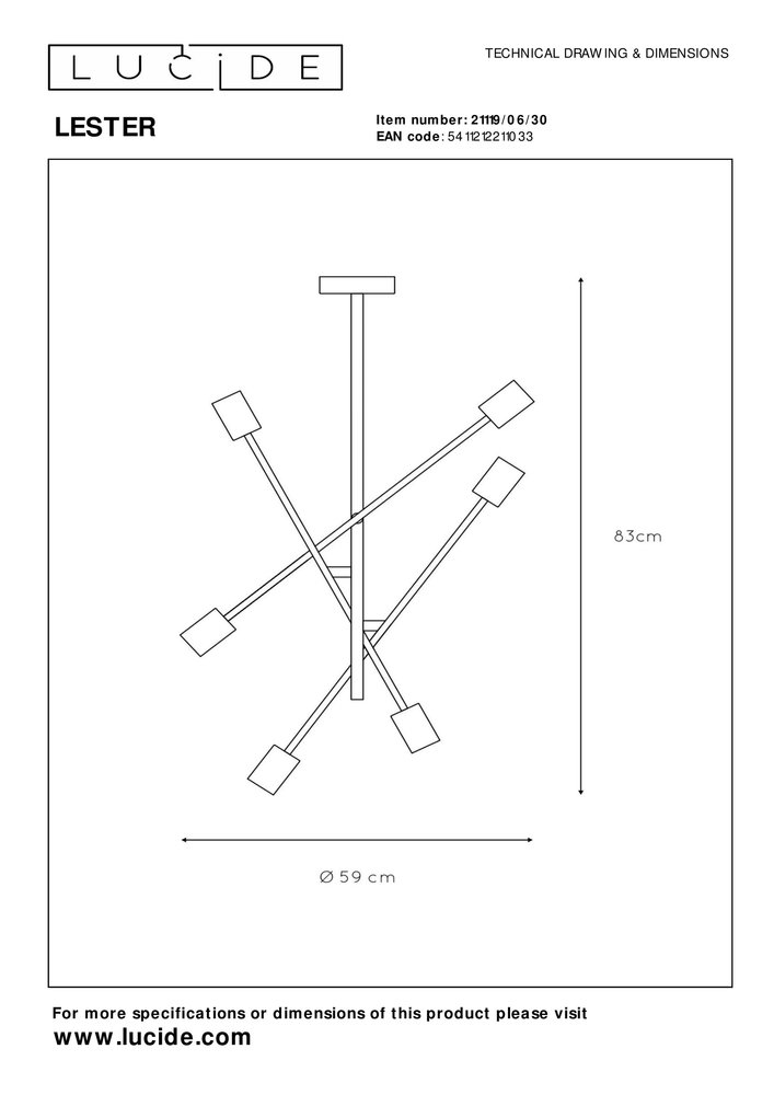 Lucide LESTER - Plafonnière - 6xE27 - Zwart Lucide LESTER - Plafonnière - 6xE27 - Zwart