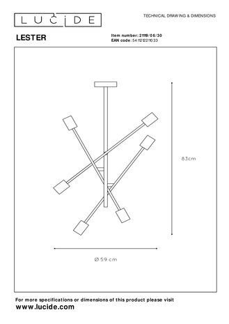 Lucide LESTER - Plafonnière - 6xE27 - Zwart Lucide LESTER - Plafonnière - 6xE27 - Zwart
