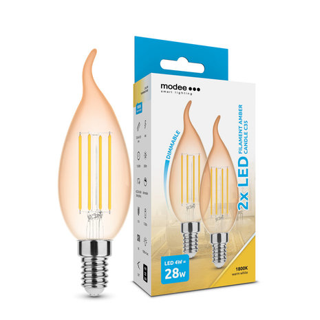 Modee 2-PACK LED Filament kaarslamp - E14 fitting - 4W - 1800K extra warm wit licht - Dimbaar- Amber Modee 2-PACK LED Filament kaarslamp - E14 fitting - 4W - 1800K extra warm wit licht - Dimbaar- Amber
