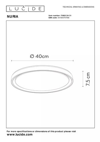 Lucide NURIA - Plafondlamp - Ø 40 cm - LED Dimb. - 1x24W 2700K - 3 StepDim - Wit