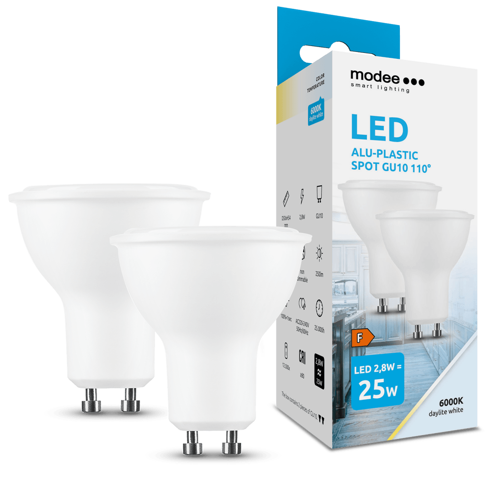 Modee 2-PACK LED Spot - GU10 fitting - 2,8W vervangt 25W - 6000K daglicht wit Modee 2-PACK LED Spot - GU10 fitting - 2,8W vervangt 25W - 6000K daglicht wit