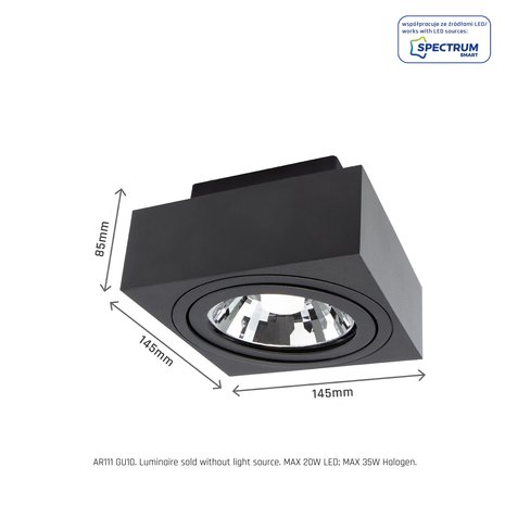 Spectrum LED Plafondspot MIRORA - 1xGU10 AR111 fitting - Kantelbaar - Zwart Spectrum LED Plafondspot MIRORA - 1xGU10 AR111 fitting - Kantelbaar - Zwart