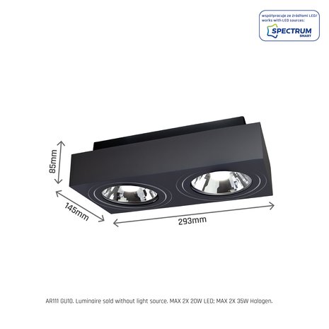 Spectrum LED Plafondspot MIRORA - 2xGU10 AR111 fitting - Kantelbaar - Zwart Spectrum LED Plafondspot MIRORA - 2xGU10 AR111 fitting - Kantelbaar - Zwart