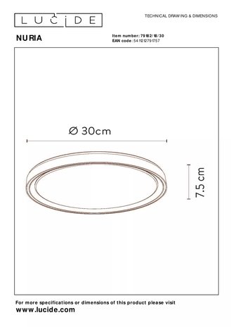 Lucide Lucide NURIA - Plafonnière - Ø 30 cm - LED Dimb. - 1x18W 2700K - 3 StepDim - Zwart Lucide Lucide NURIA - Plafonnière - Ø 30 cm - LED Dimb. - 1x18W 2700K - 3 StepDim - Zwart