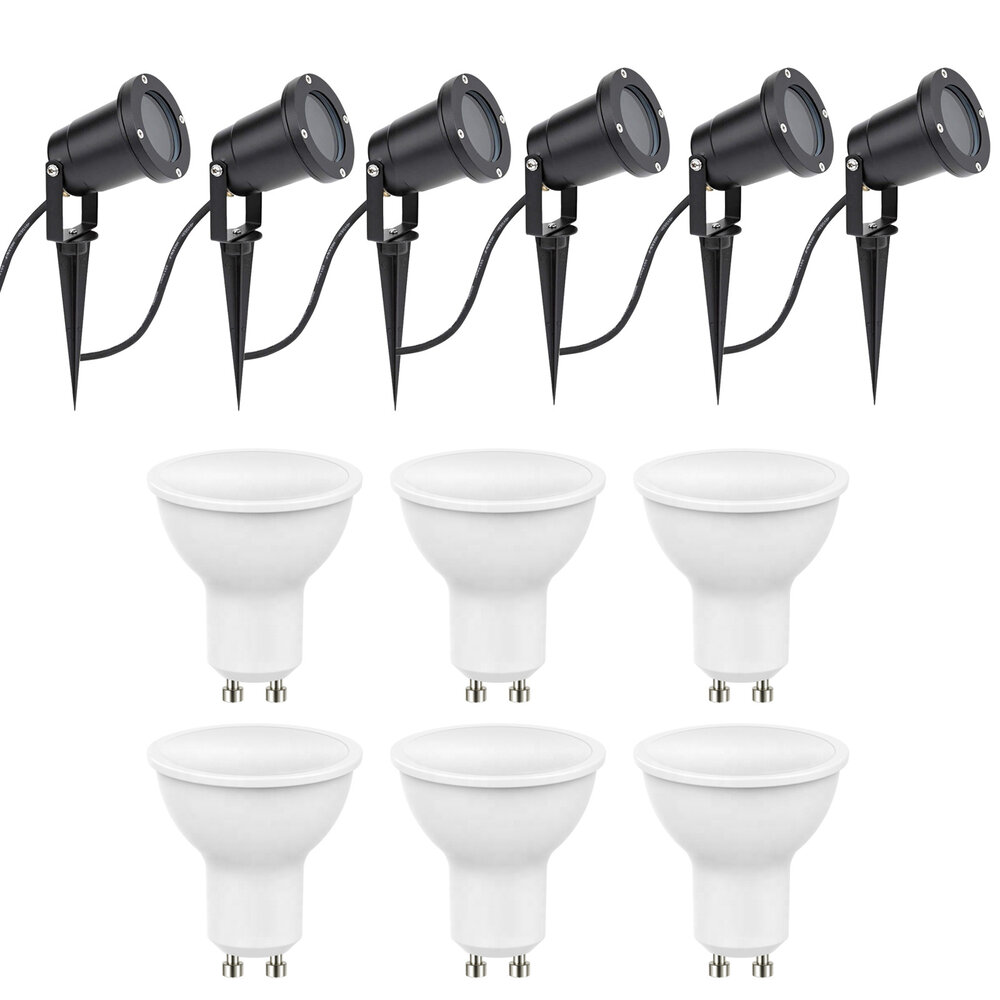 LCB Set van 6 LED Prikspot 100cm kabel - 6x 4W - 3000K - IP65 - Zwart