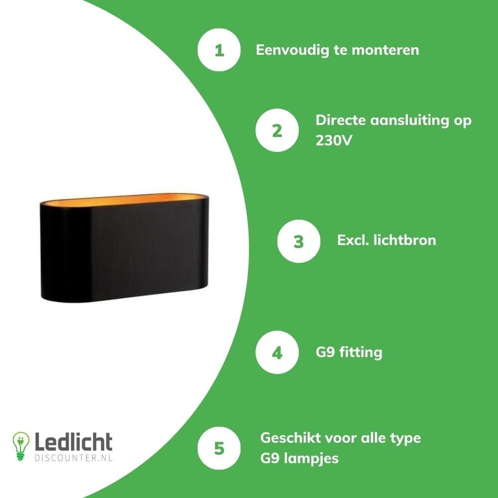 Spectrum LED Wandlamp Ovaal - Zwart Goud met G9 fitting - 80x80x160 mm