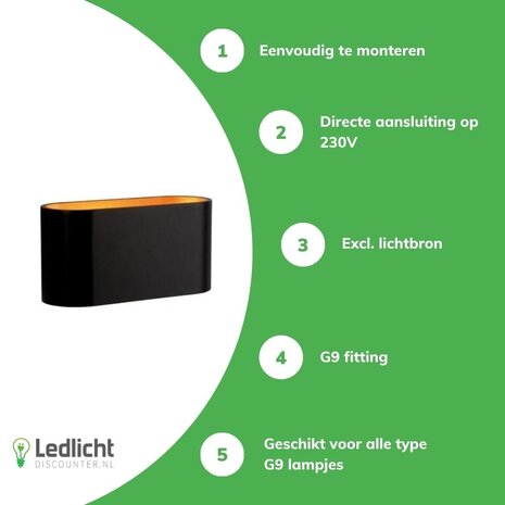 Spectrum LED Wandlamp Ovaal - Zwart Goud met G9 fitting - 80x80x160 mm