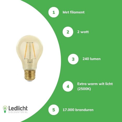Spectrum LED Filament lamp E27 - A60 - 2W vervangt 25W - 2500K extra warm wit licht Spectrum LED Filament lamp E27 - A60 - 2W vervangt 25W - 2500K extra warm wit licht