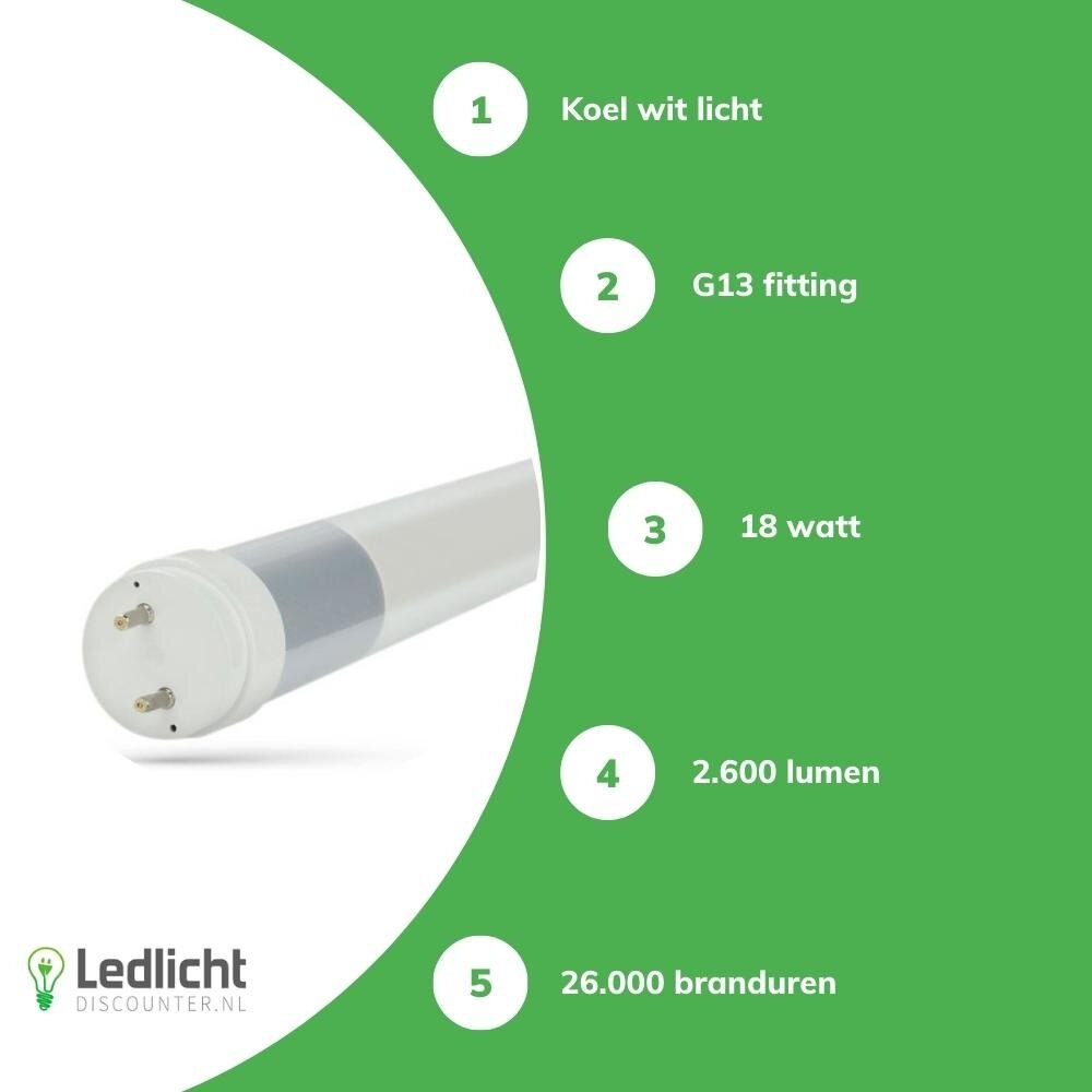 Spectrum LED TL Buis T8 Spectrum PRO - 120cm - 18W - 2600lm - 6000K Daglicht Wit - 144lm/W - G13 - 270° - Glas - Vervangt 36W - Niet Dimbaar