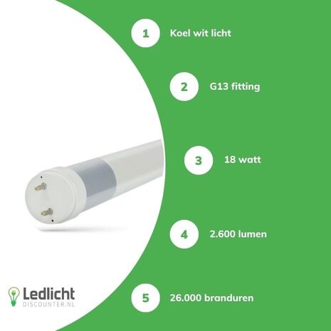 Spectrum LED TL Buis T8 Spectrum PRO - 120cm - 18W - 2600lm - 6000K Daglicht Wit - 144lm/W - G13 - 270° - Glas - Vervangt 36W - Niet Dimbaar
