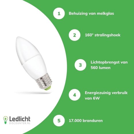 Spectrum LED lamp E27 - C37 - 6W vervangt 47W - 6000K daglicht wit Spectrum LED lamp E27 - C37 - 6W vervangt 47W - 6000K daglicht wit