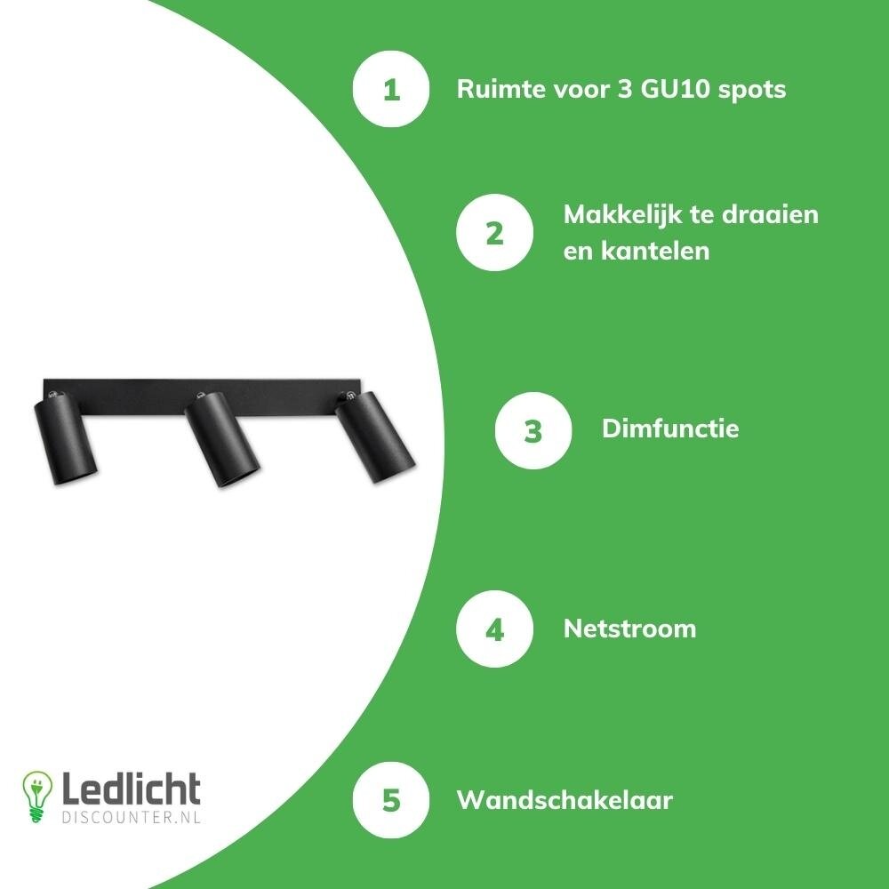 LCB LED plafondspot mat zwart - 3 verstelbare spots - GU10 aansluiting - Aluminium