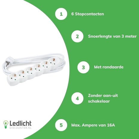 Technik Stekkerdoos 6-voudig - Wit - Lengte snoer optioneel Technik Stekkerdoos 6-voudig - Wit - Lengte snoer optioneel