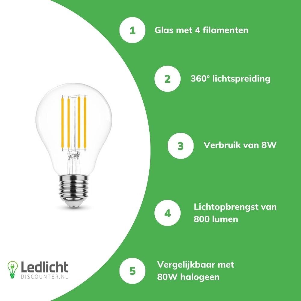 Modee LED Filament Lamp E27 Modee A60 - 8W - 2700K Warm Wit - 360° - Niet Dimbaar - Transparant Glas - Vervangt 80W Modee LED Filament Lamp E27 Modee A60 - 8W - 2700K Warm Wit - 360° - Niet Dimbaar - Transparant Glas - Vervangt 80W