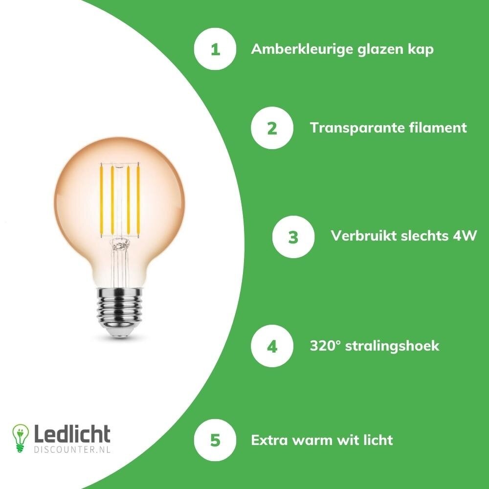 Modee LED Filament lamp E27 - G80 - 4W vervangt 33W - 1800K zeer warm wit licht - Globe