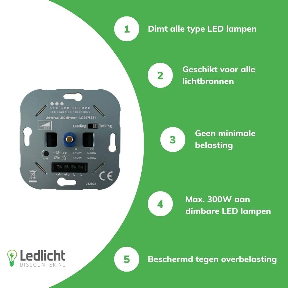 LCB LED dimmer inbouw 0,3-500W - Universeel - Fase afsnijding LCB LED dimmer inbouw 0,3-500W - Universeel - Fase afsnijding