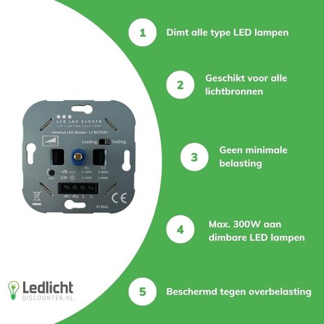 LCB LED dimmer inbouw 0,3-500W - Universeel - Fase afsnijding LCB LED dimmer inbouw 0,3-500W - Universeel - Fase afsnijding
