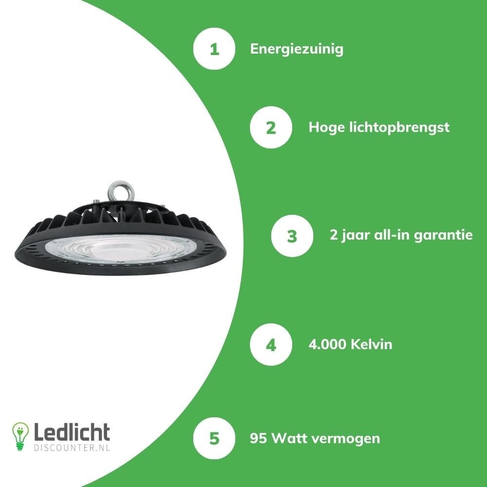 LCB LED UFO High Bay LCB - 100W - 12.000lm Opgegeven - 4000K of 6000K - IP65 - 90° - Ø253mm - Niet Dimbaar - Zwart - 2 Jaar Garantie LCB LED UFO High Bay LCB - 100W - 12.000lm Opgegeven - 4000K of 6000K - IP65 - 90° - Ø253mm - Niet Dimbaar - Zwart - 2 Jaar Garantie