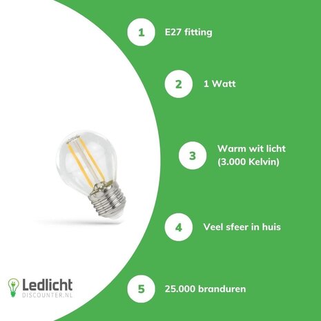 Modee LED Lamp E27 G45  - 1W 70lm - 2700K warm wit licht - glas