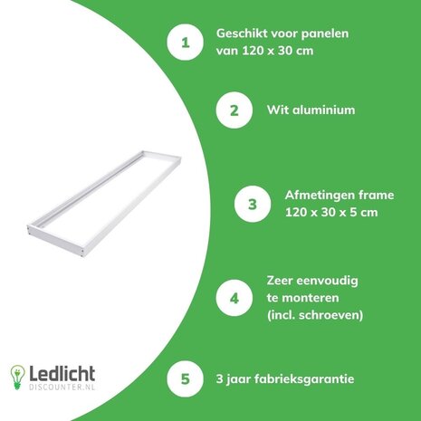 LCB LED paneel opbouw - 120x30cm Framesysteem - Wit aluminium - 5cm hoog incl. schroeven LCB LED paneel opbouw - 120x30cm Framesysteem - Wit aluminium - 5cm hoog incl. schroeven