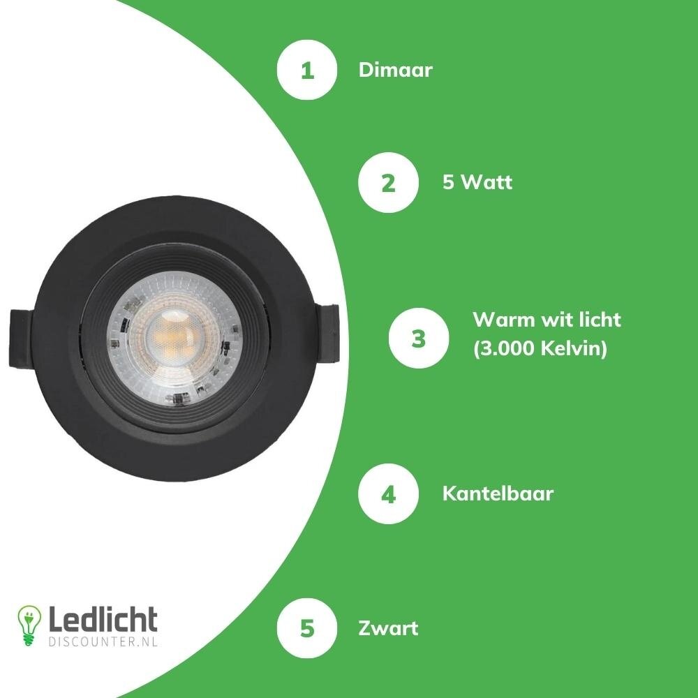 LCB LED inbouwspot Dimbaar - 5W vervangt 50W - 3000K warm wit licht - Kantelbaar Zwart LCB LED inbouwspot Dimbaar - 5W vervangt 50W - 3000K warm wit licht - Kantelbaar Zwart