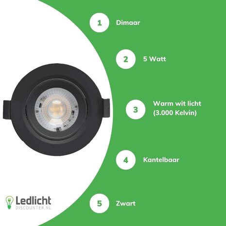 LCB LED inbouwspot Dimbaar - 5W vervangt 50W - 3000K warm wit licht - Kantelbaar Zwart LCB LED inbouwspot Dimbaar - 5W vervangt 50W - 3000K warm wit licht - Kantelbaar Zwart