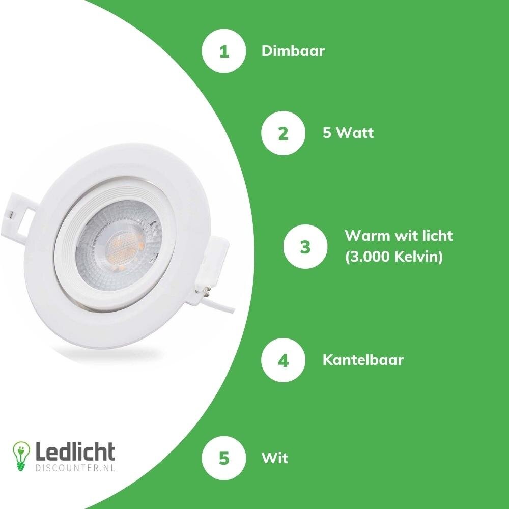 Modee LED inbouwspot Dimbaar - 4W vervangt 50W - 3000K warm wit licht - Kantelbaar Modee LED inbouwspot Dimbaar - 4W vervangt 50W - 3000K warm wit licht - Kantelbaar
