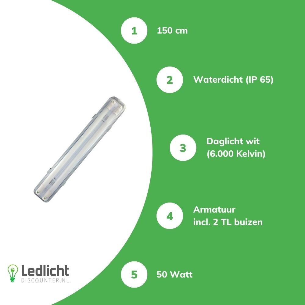 Spectrum 1.5m 50W LED TL Waterdichte armatuur IP65 + 2 LED TL buizen 6000K 865 daglicht wit compleet Spectrum 1.5m 50W LED TL Waterdichte armatuur IP65 + 2 LED TL buizen 6000K 865 daglicht wit compleet
