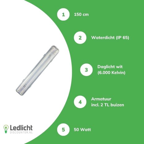 Spectrum 1.5m 50W LED TL Waterdichte armatuur IP65 + 2 LED TL buizen 6000K 865 daglicht wit compleet Spectrum 1.5m 50W LED TL Waterdichte armatuur IP65 + 2 LED TL buizen 6000K 865 daglicht wit compleet