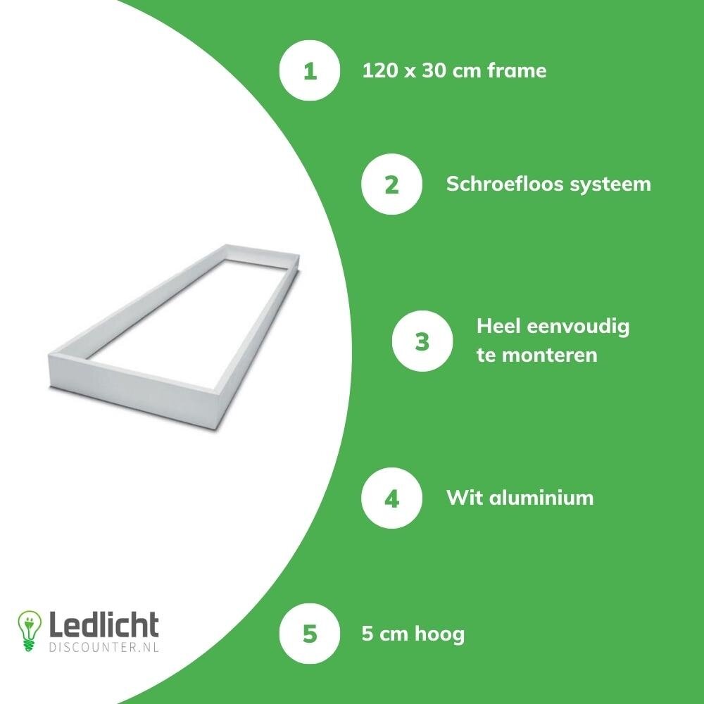 Spectrum LED paneel opbouw - 120x30cm Framesysteem Type B schroefloos - Wit aluminium - 4,3 cm hoog Spectrum LED paneel opbouw - 120x30cm Framesysteem Type B schroefloos - Wit aluminium - 4,3 cm hoog