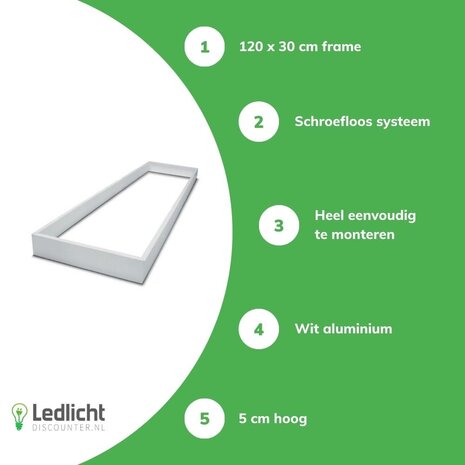 Spectrum LED paneel opbouw - 120x30cm Framesysteem Type B schroefloos - Wit aluminium - 4,3 cm hoog Spectrum LED paneel opbouw - 120x30cm Framesysteem Type B schroefloos - Wit aluminium - 4,3 cm hoog