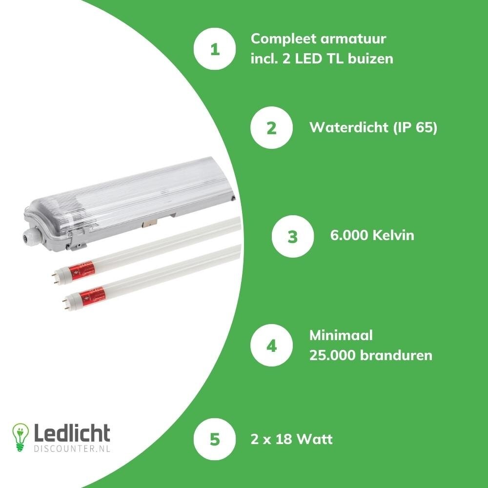 Spectrum 120cm LED armatuur IP65 + 2 LED TL buizen 18W p/s - 6000K 865 daglicht wit -  Compleet Spectrum 120cm LED armatuur IP65 + 2 LED TL buizen 18W p/s - 6000K 865 daglicht wit -  Compleet