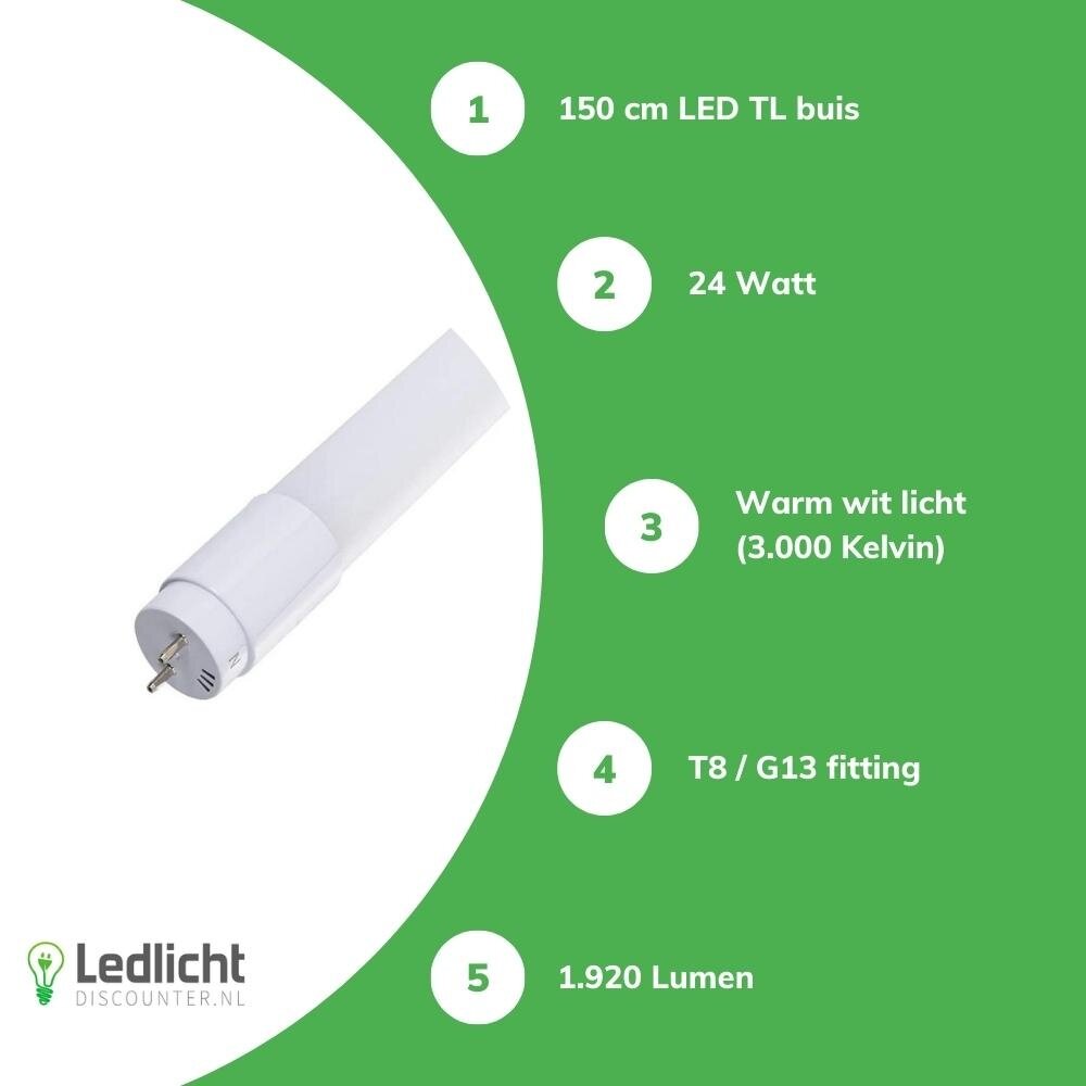 Spectrum LED TL buis 150cm - 24W vervangt 58W - 3000K (830) warm wit licht - 3 jaar garantie Spectrum LED TL buis 150cm - 24W vervangt 58W - 3000K (830) warm wit licht - 3 jaar garantie