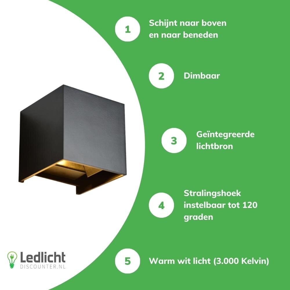 LCB LED Wandlamp Up and Down - 6W Dimbaar - DTW 2000-3000K - IP54 - 101x101x101mm