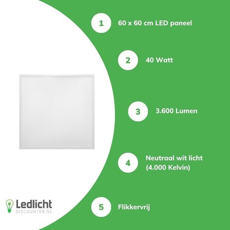 Aigostar LED paneel 60x60cm ECO - 40W 3600lm - 4000K 840 - Flikkervrij - 3 jaar garantie