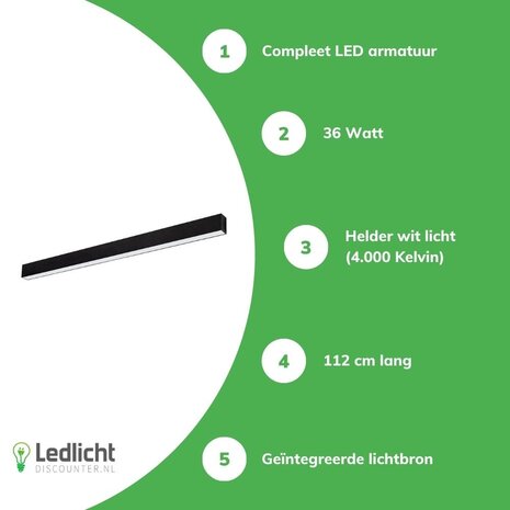 Spectrum LED Linear Armatuur zwart - 112cm - 36W -  4000K helder wit licht Spectrum LED Linear Armatuur zwart - 112cm - 36W -  4000K helder wit licht