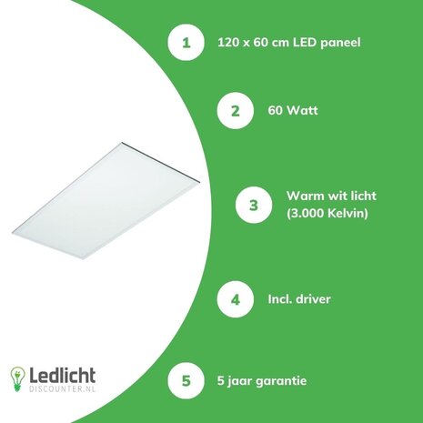 LCB LED paneel 120x60cm - 3000K - 60W - 7200lm - incl. driver - 5 jaar garantie LCB LED paneel 120x60cm - 3000K - 60W - 7200lm - incl. driver - 5 jaar garantie