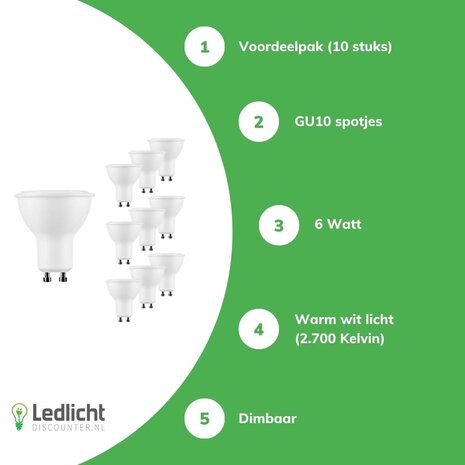 Modee Voordeelpak 10 stuks LED Spot - GU10 fitting - 6W vervangt 50W - 2700K warm wit licht - Dimbaar Modee Voordeelpak 10 stuks LED Spot - GU10 fitting - 6W vervangt 50W - 2700K warm wit licht - Dimbaar