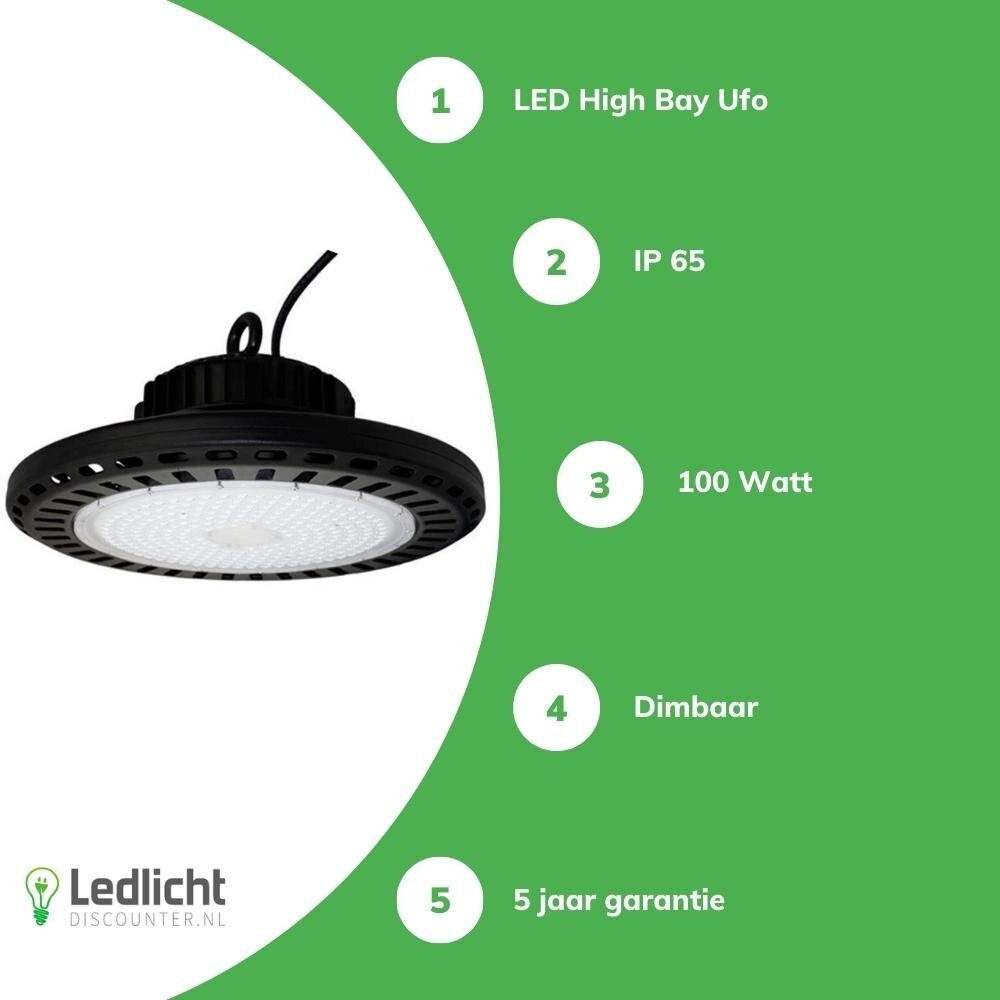 LCB LED High Bay UFO - 100W 15000Lumen - 1-10V Dimbaar - 5 jaar garantie - Lichtkleur optioneel LCB LED High Bay UFO - 100W 15000Lumen - 1-10V Dimbaar - 5 jaar garantie - Lichtkleur optioneel
