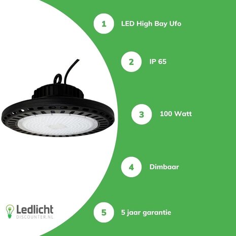 LCB LED High Bay UFO - 100W 15000Lumen - 1-10V Dimbaar - 5 jaar garantie - Lichtkleur optioneel LCB LED High Bay UFO - 100W 15000Lumen - 1-10V Dimbaar - 5 jaar garantie - Lichtkleur optioneel