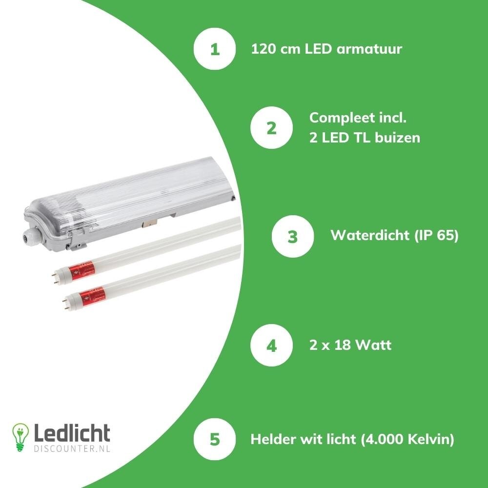 Spectrum 120cm LED armatuur IP65 + 2 LED TL buizen 18W p/s - 4000K 840 helder wit licht -  Compleet Spectrum 120cm LED armatuur IP65 + 2 LED TL buizen 18W p/s - 4000K 840 helder wit licht -  Compleet