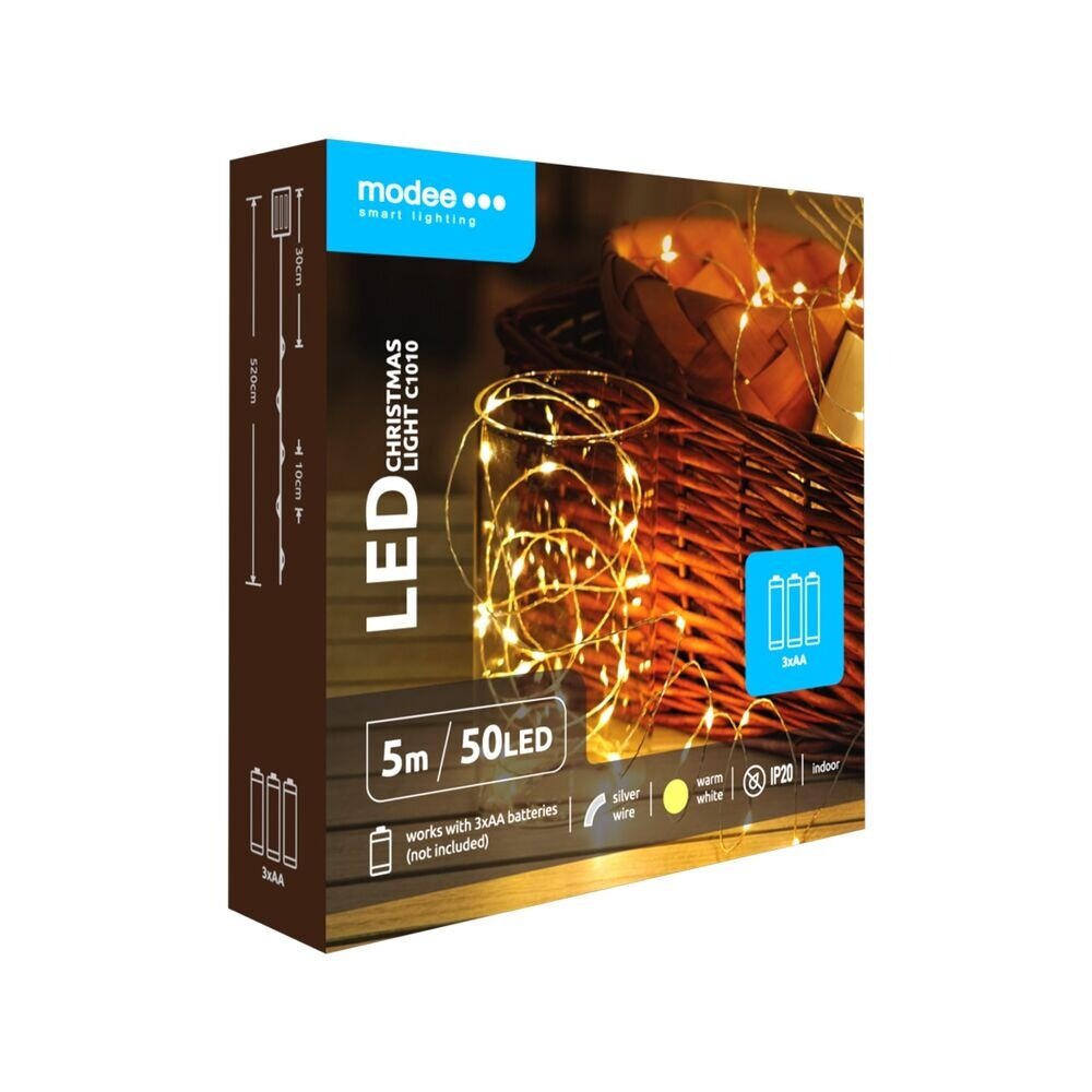Modee Kerstverlichting lichtsnoer - 5 meter 50leds - 2700K warm wit licht - 3x AA batterij Modee Kerstverlichting lichtsnoer - 5 meter 50leds - 2700K warm wit licht - 3x AA batterij