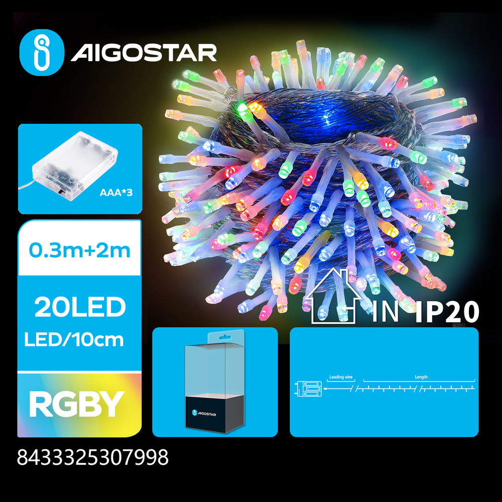 Aigostar LED Kerstslinger - 20 LEDS - 2700K - RGB lampjes - 2 meter - IP44 - 3x AAA batterij