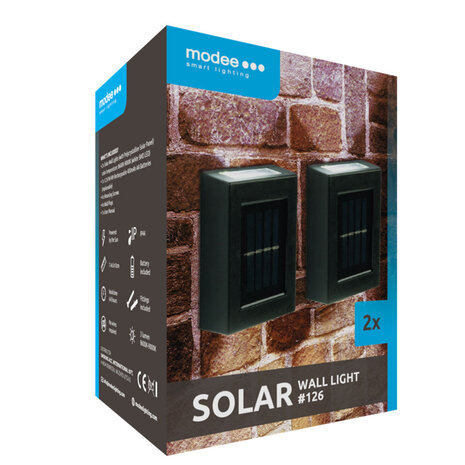 Modee LED Solar Wandlamp met bewegingssensor - 9000K Daglicht - WS126 - 2 stuks Modee LED Solar Wandlamp met bewegingssensor - 9000K Daglicht - WS126 - 2 stuks