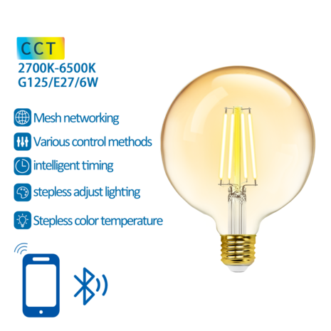 Aigostar LED Lamp - Bluetooth Mesh - E27 - 6W - G125 - Filament Aigostar LED Lamp - Bluetooth Mesh - E27 - 6W - G125 - Filament