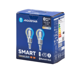 Aigostar OP=OP LED Lamp - Bluetooth Mesh - E14 - 4.5W - G45 - Filament - Incl. afstandsbediening - Set van 2 Aigostar OP=OP LED Lamp - Bluetooth Mesh - E14 - 4.5W - G45 - Filament - Incl. afstandsbediening - Set van 2