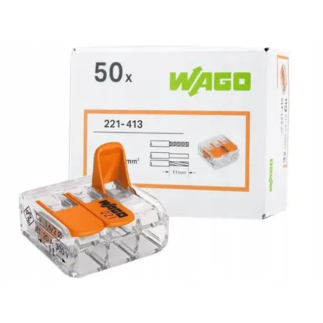 WAGO Verbindingsklem 3-voudig 4mm² 221-413 - 50 stuks WAGO Verbindingsklem 3-voudig 4mm² 221-413 - 50 stuks