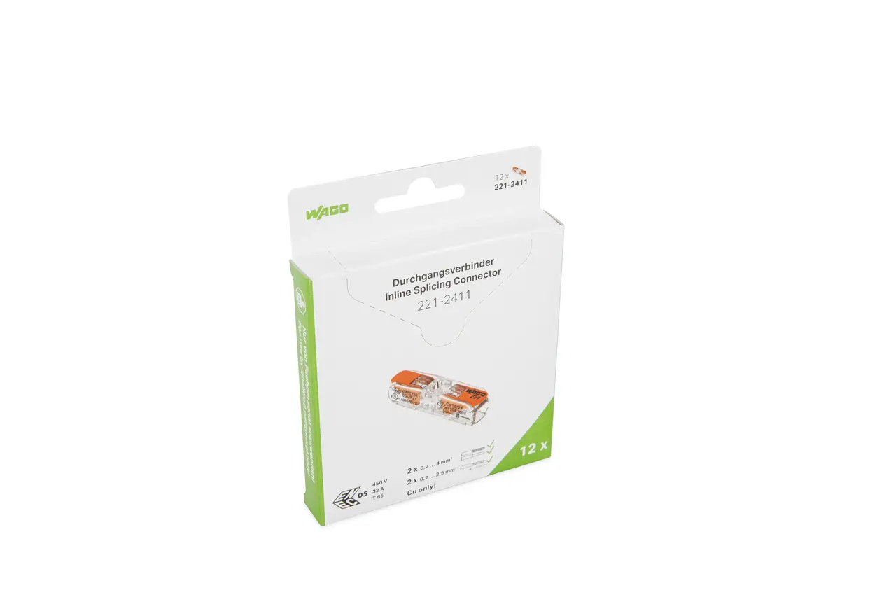 WAGO Doorvoerklem 2-voudig 4mm² 221-2411 - 12 stuks WAGO Doorvoerklem 2-voudig 4mm² 221-2411 - 12 stuks